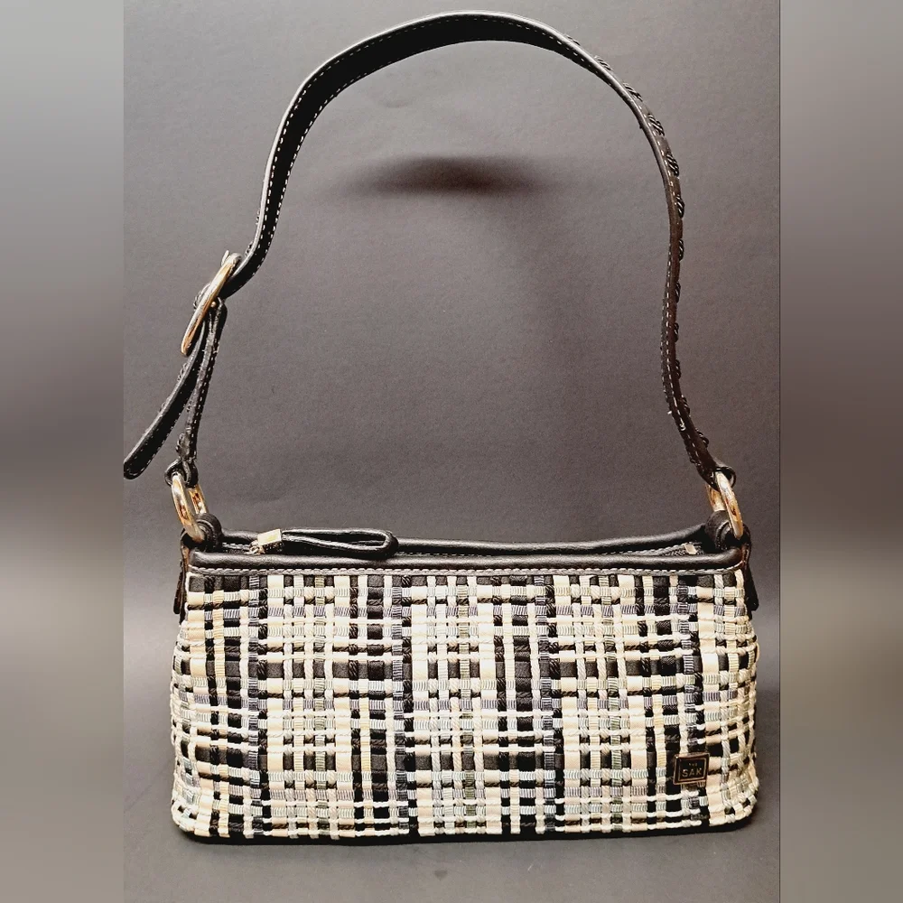 THE SAK Woven fabric and genuine leather small shoulder bag black white - Picture 1 of 12